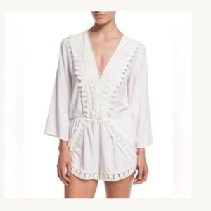 La Blanca White Crochet Lace Trim Romper Swim Coverup Large